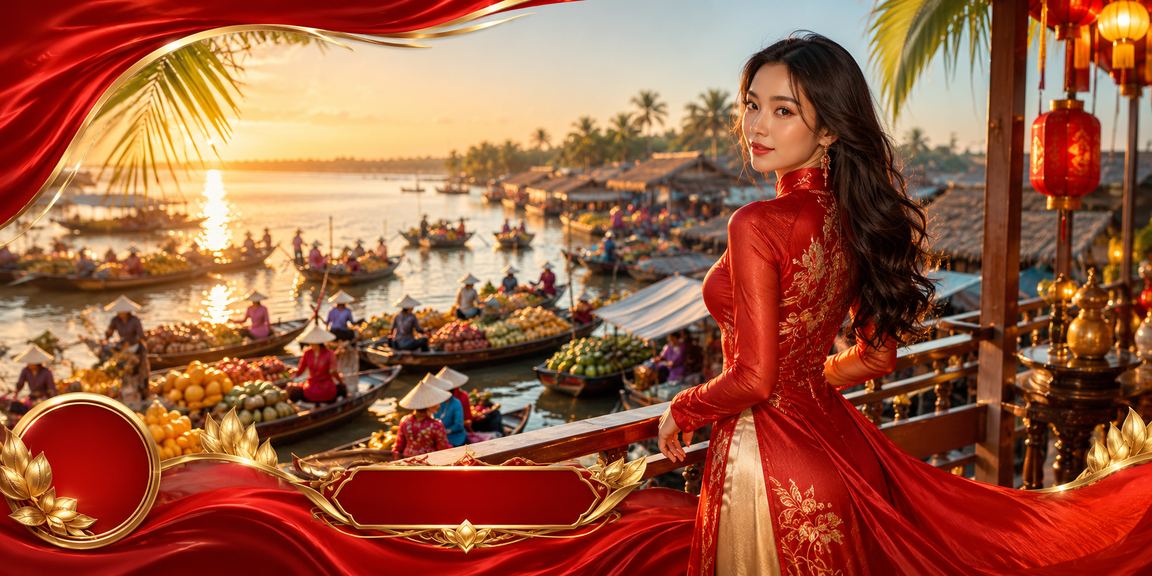 Người chơi mặc áo dài trải nghiệm cá cược trực tuyến bên dòng sông Mê Kông
