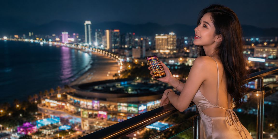 Người chơi tại Quy Nhơn trải nghiệm slot game trực tuyến trên điện thoại bên bãi biển